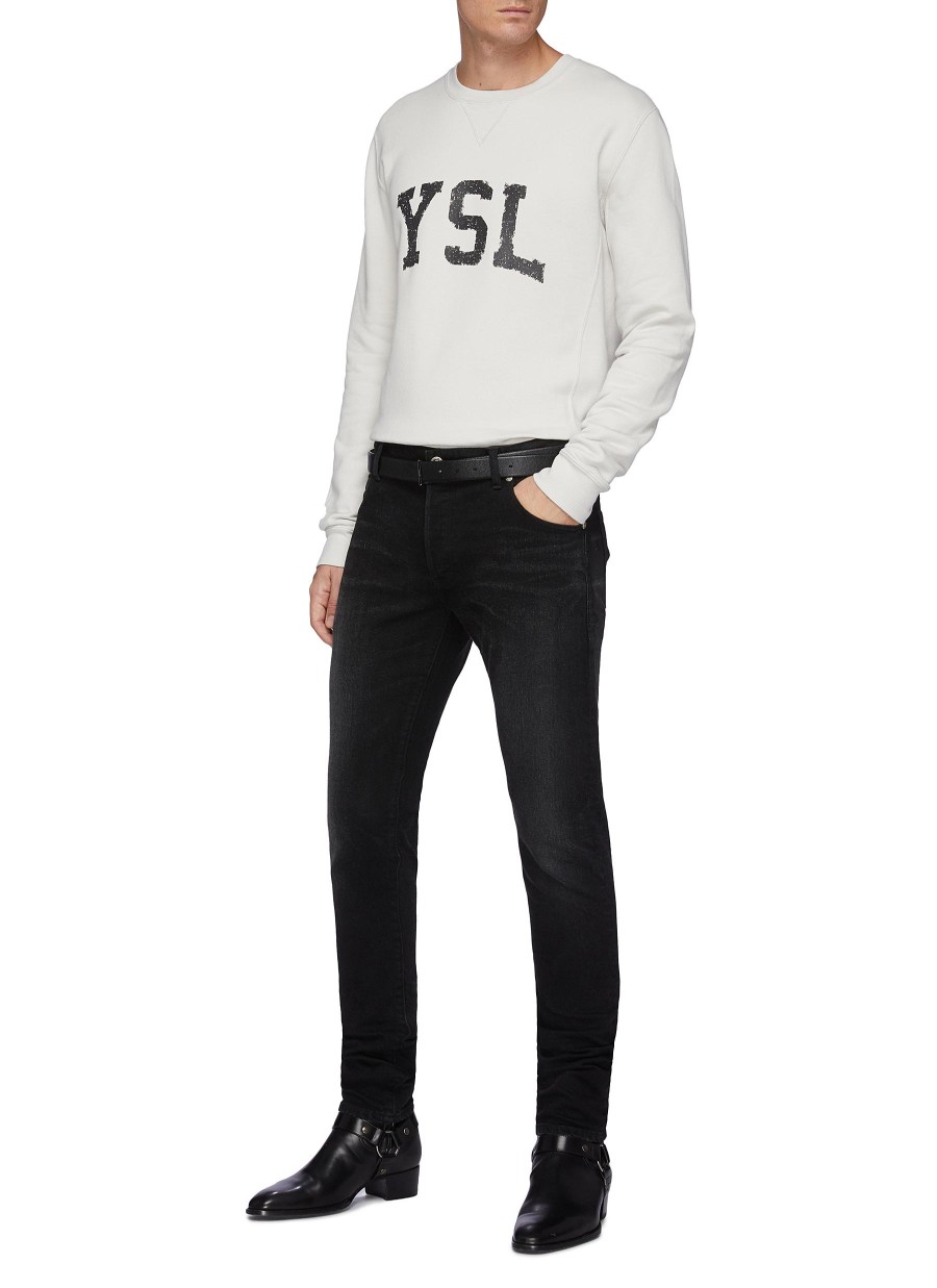 Men SAINT LAURENT Pullovers & Hoodies | Ysl Logo Print Cotton Crewneck Sweatshirt