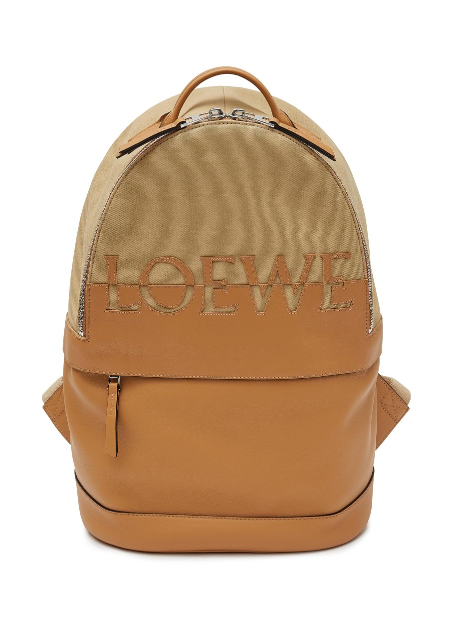 Men LOEWE Backpacks | Logo Applique Duo-Tonal Leather Canvas Backpack