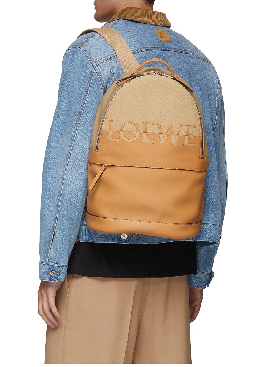 Men LOEWE Backpacks | Logo Applique Duo-Tonal Leather Canvas Backpack