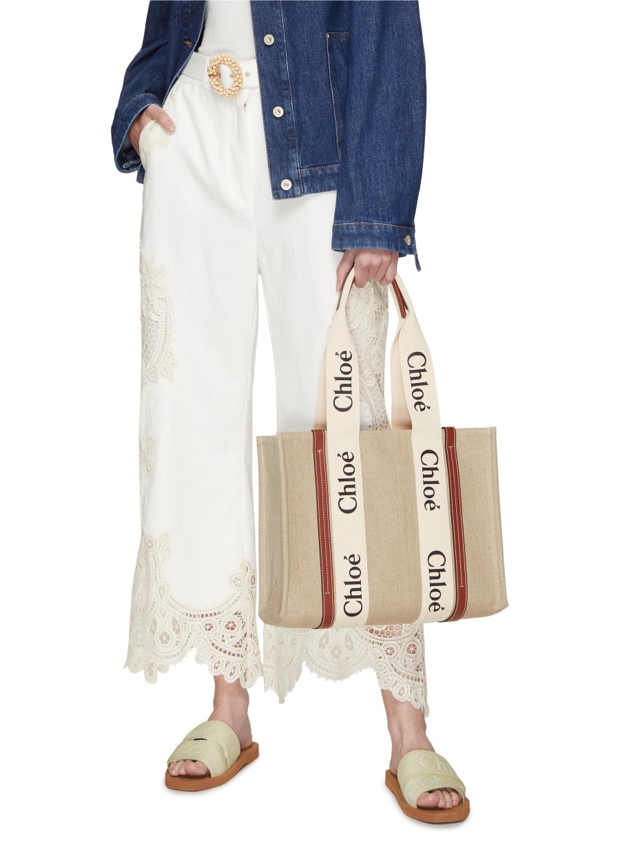 Women CHLOÉ Tote Bags | Medium 'Woody' Eco Linen Canvas Tote Bag