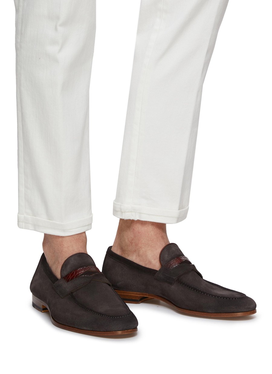 Men MAGNANNI Flats | Hendidos' Crocodile Embossed Strap Suede Penny Loafers