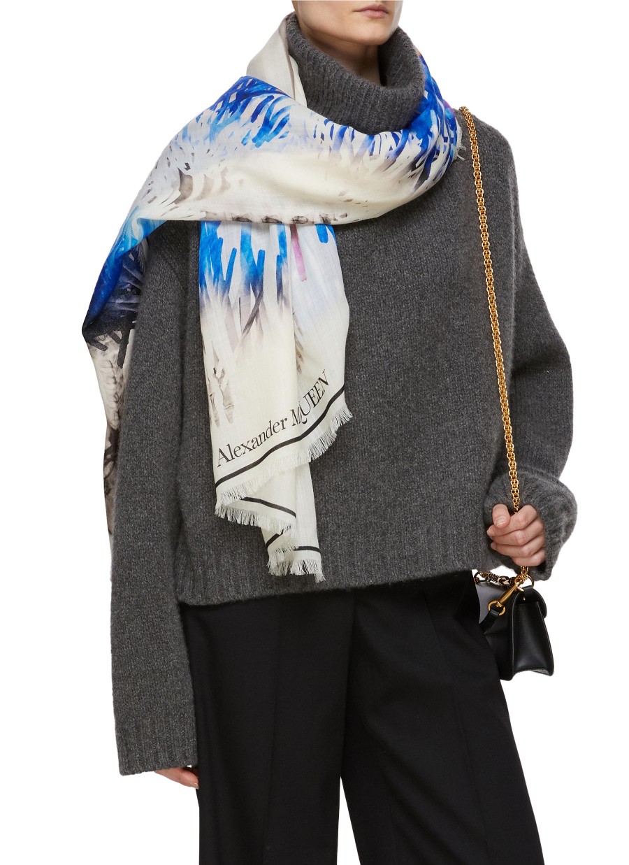 Women ALEXANDER MCQUEEN Scarves & Wraps | Skeleton Print Fringed Wool Scarf