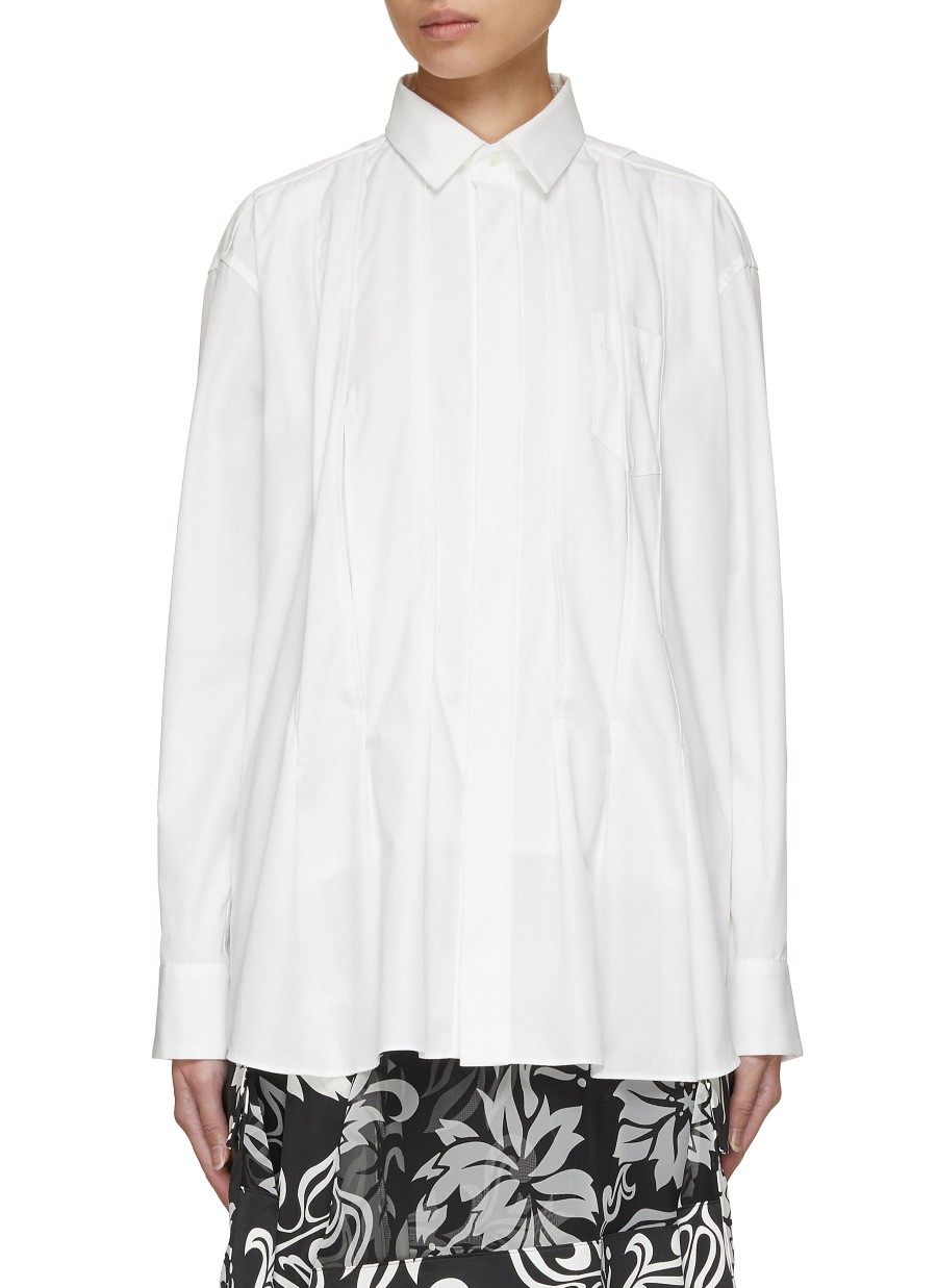 Women SACAI Tops | Low Waisted Pleated Poplin Shirt