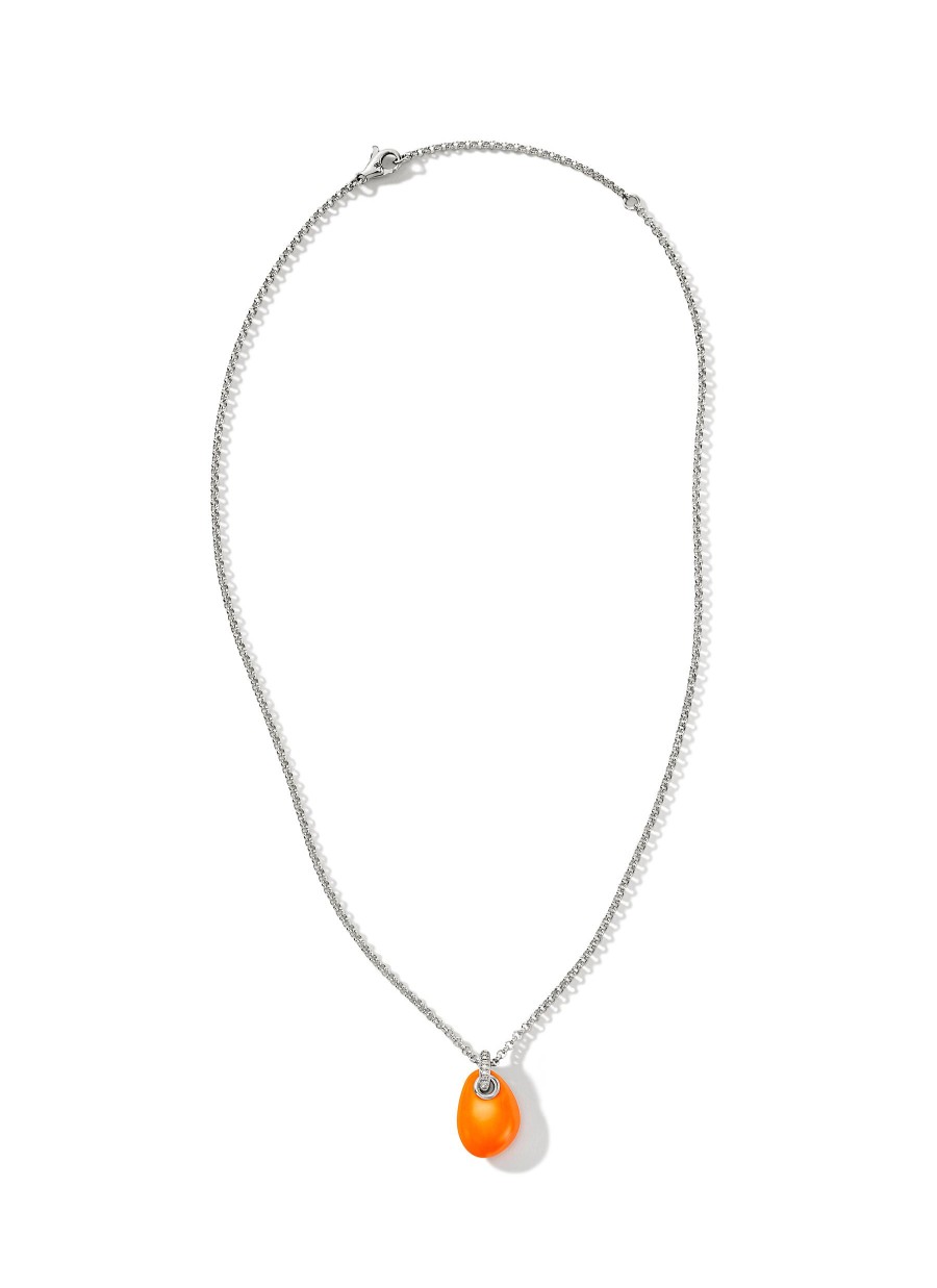 Women JOHN HARDY Fine Jewellery | Classic Chain Diamond Neon Orange Pebble Pendant Sterling Silver Necklace — Size 16-18