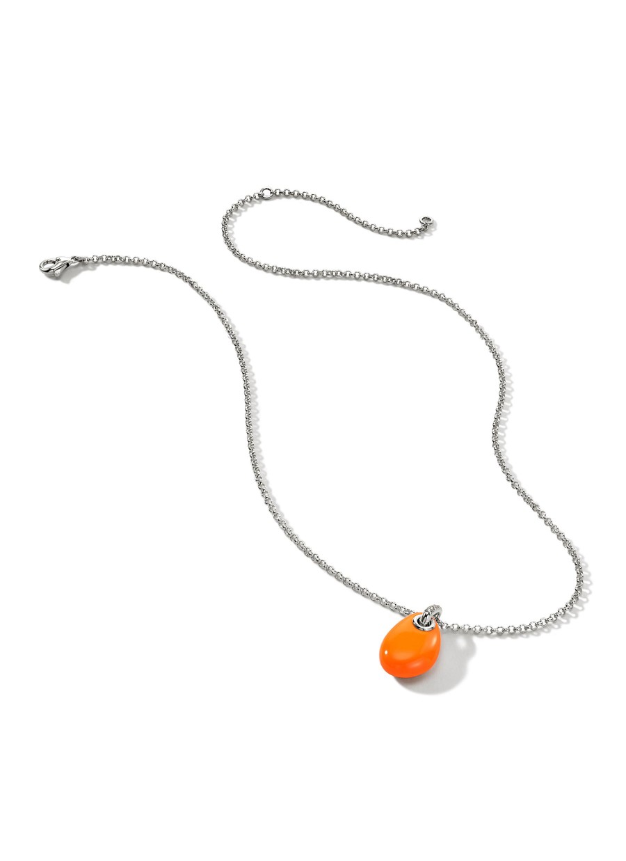 Women JOHN HARDY Fine Jewellery | Classic Chain Diamond Neon Orange Pebble Pendant Sterling Silver Necklace — Size 16-18