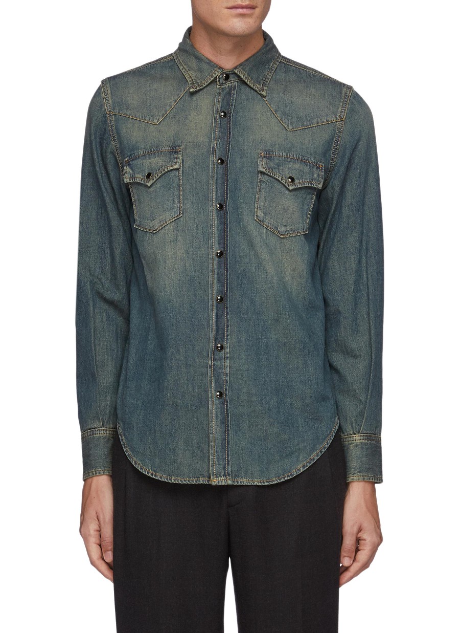 Men SAINT LAURENT Shirts | Snap Buttoned Western Denim Shirt