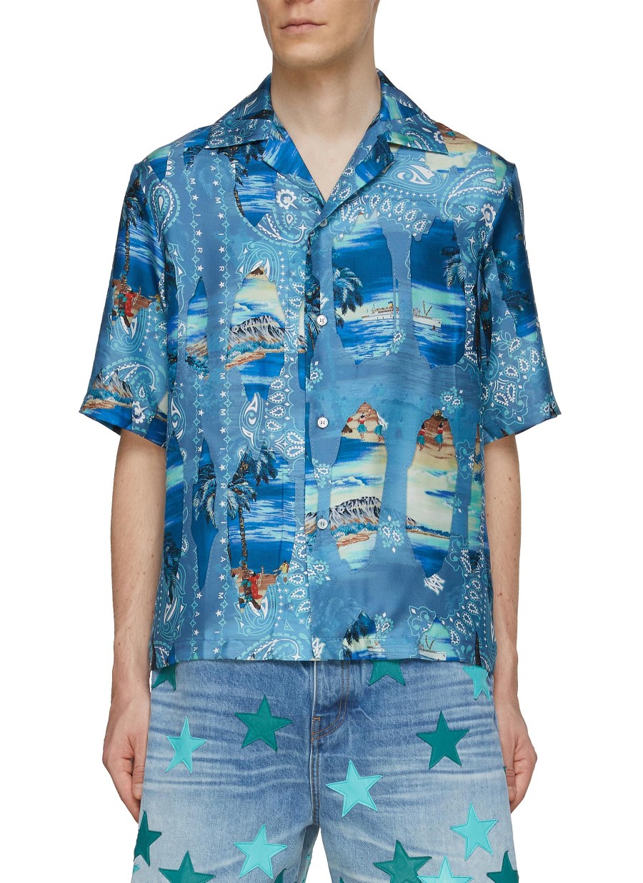 Men AMIRI Shirts | Bleach Bandana Island Print Bowling Shirt